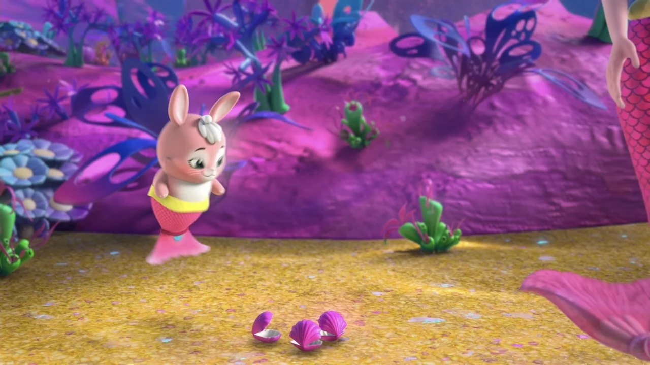 Enchantimals - Ocean Kingdom (2023) movie still: medium — An underwater setting featuring a yellow and pink sandy floor and purple vegetation. A…