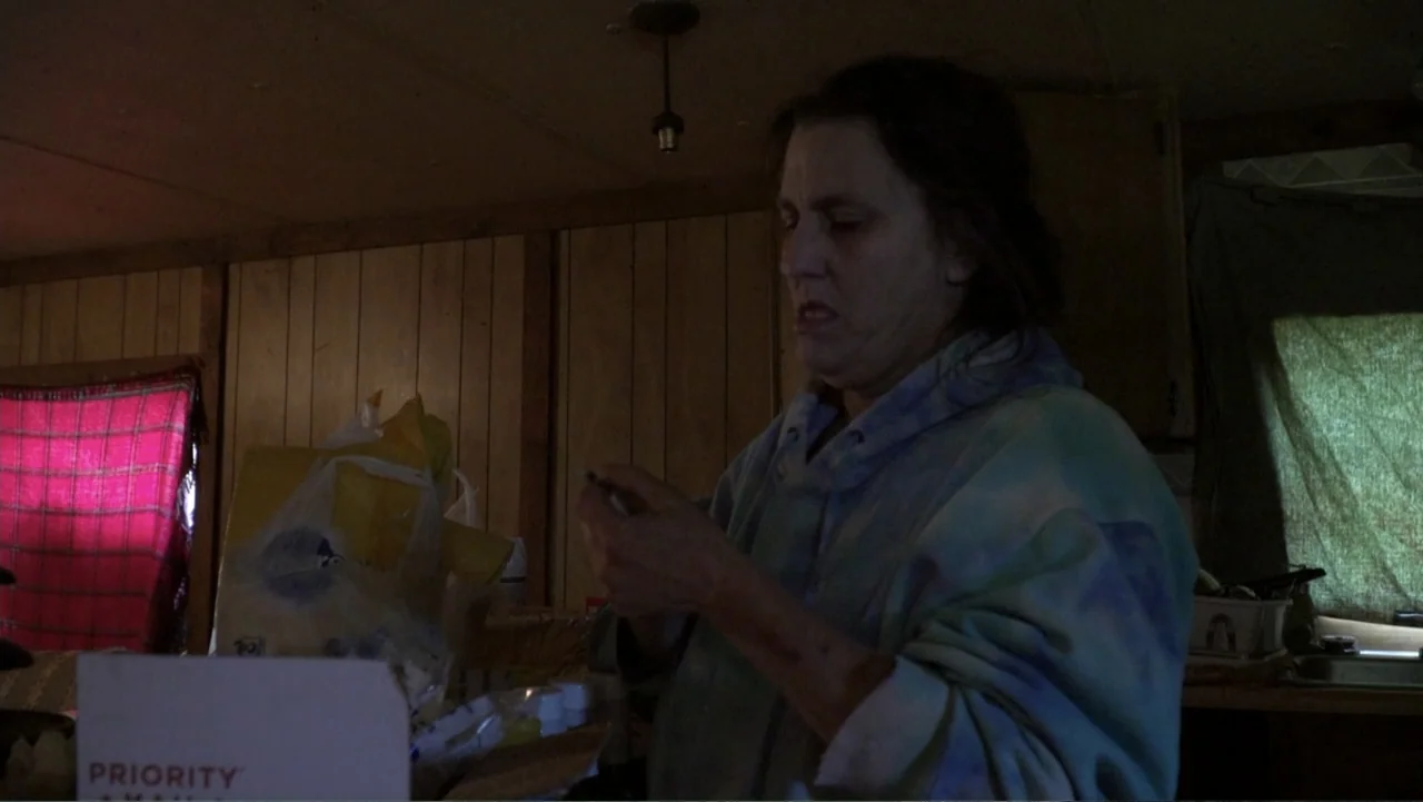 Meth Storm (2017) movie still: medium — A dark, cramped interior with wood-paneled walls and cluttered counters. A woman in a tie-dye hoodie stands…