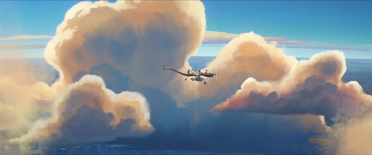 Around the World in 80 Days (2021) movie still: wide — A small propeller plane travels through massive billowing clouds over a vast ocean surface.…