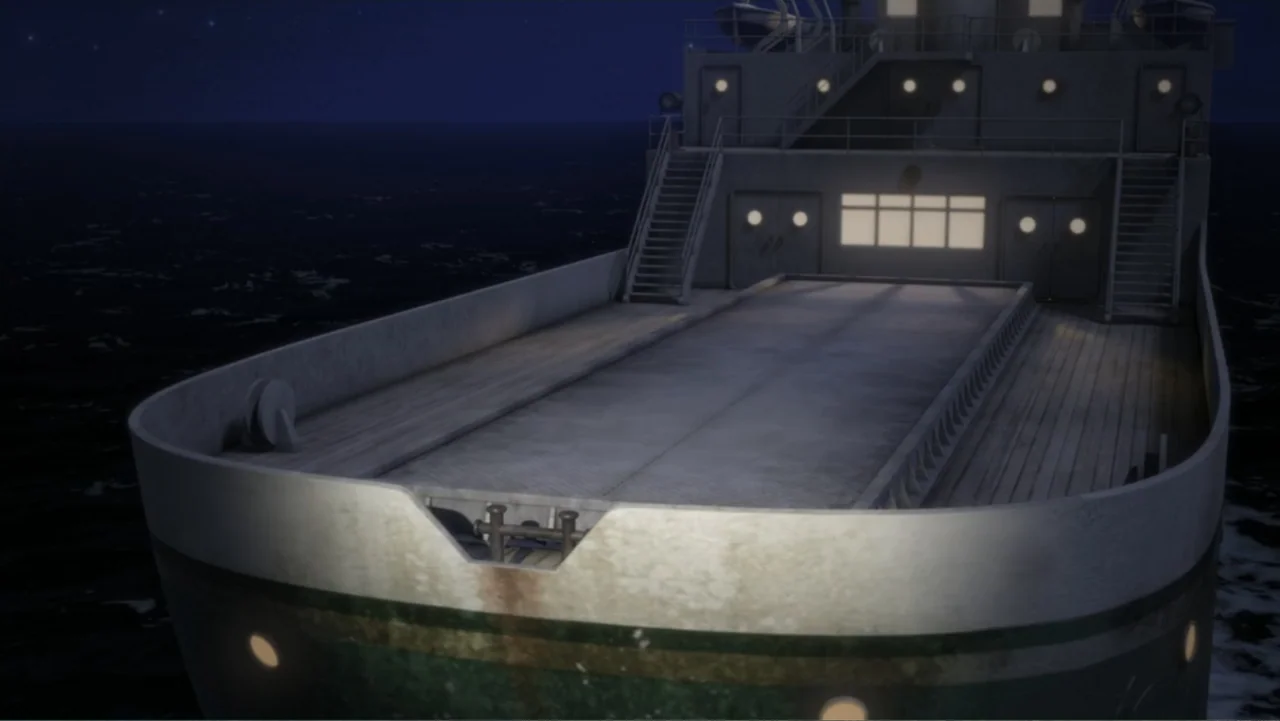 Thomas & Friends: Tale of the Brave (2014) movie still: establishing — A large cargo ship deck is seen at night on the open dark sea. The vessel is…