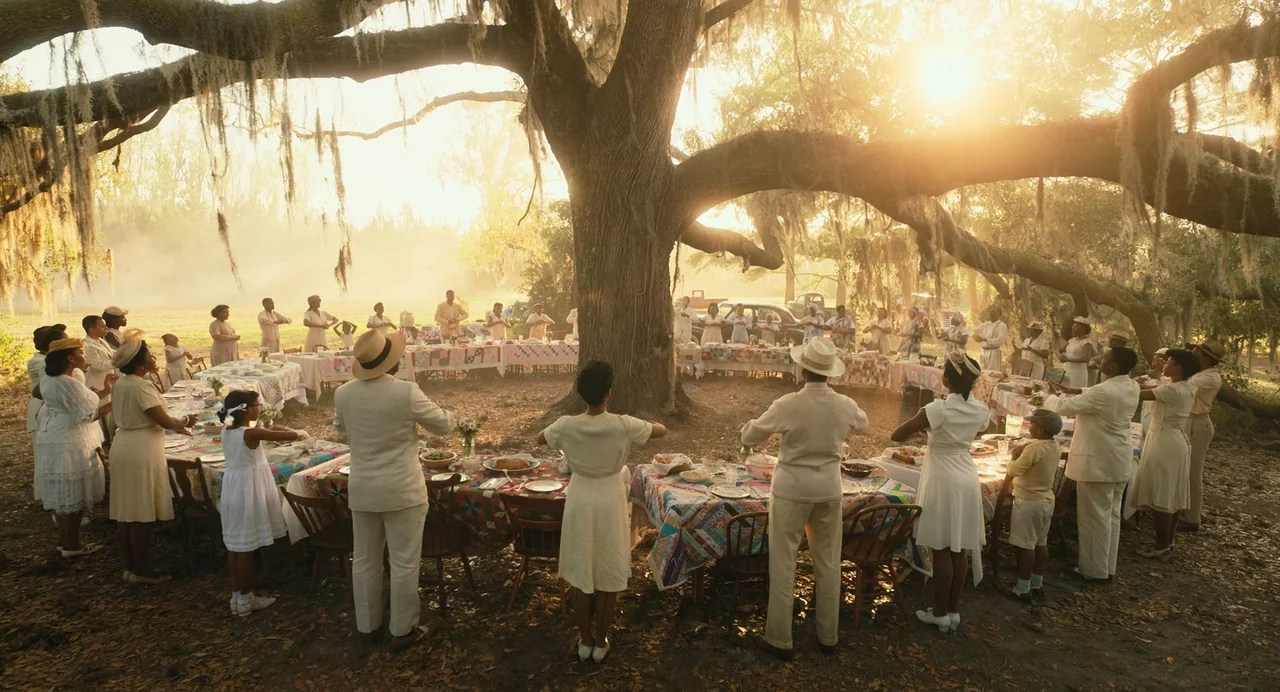 The Color Purple (2023) movie still: wide — A group of people stands in a circle around a large mossy oak tree. Tables covered in quilts are…