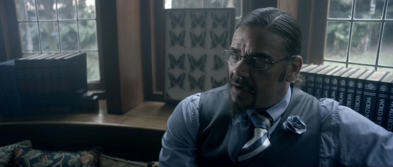The Lullaby (2019) movie still: medium — A man sits in a room with shelves of encyclopedias near large window panes. He wears a formal waistcoat and…