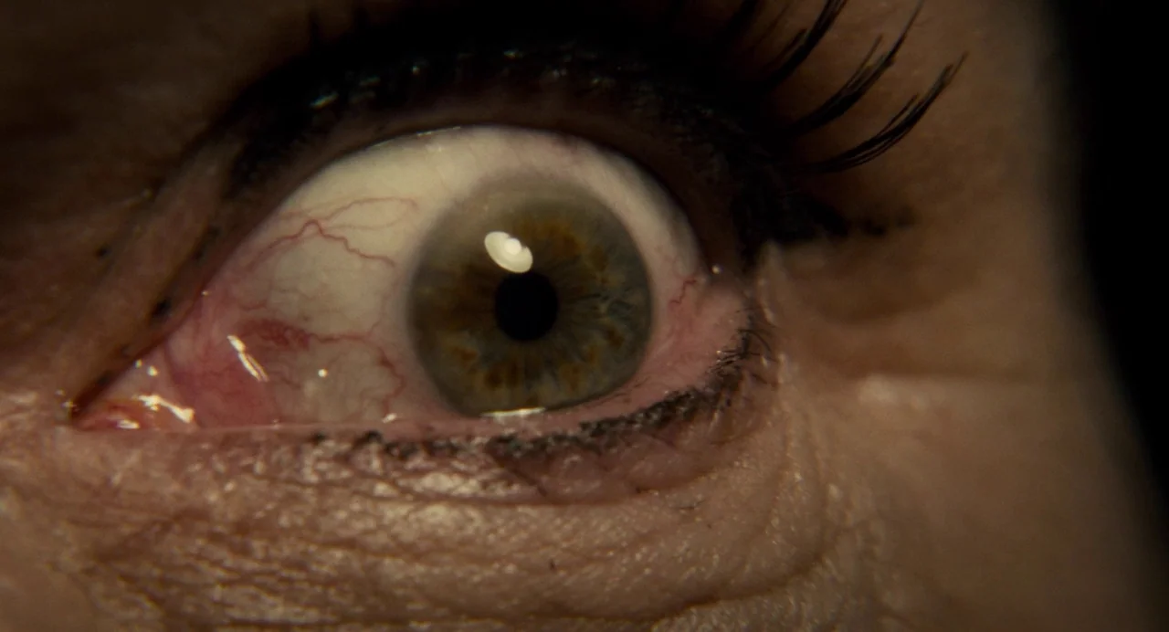 Berberian Sound Studio (2012) movie still: closeup — Extreme close-up shot of an adult eye with visible capillaries and skin texture. The eye stares…