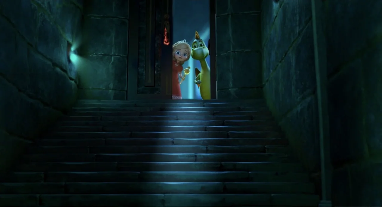 The Princess and the Dragon (2018) movie still: wide — A long stone staircase ascends toward an open door in a dark interior. A young princess and a…