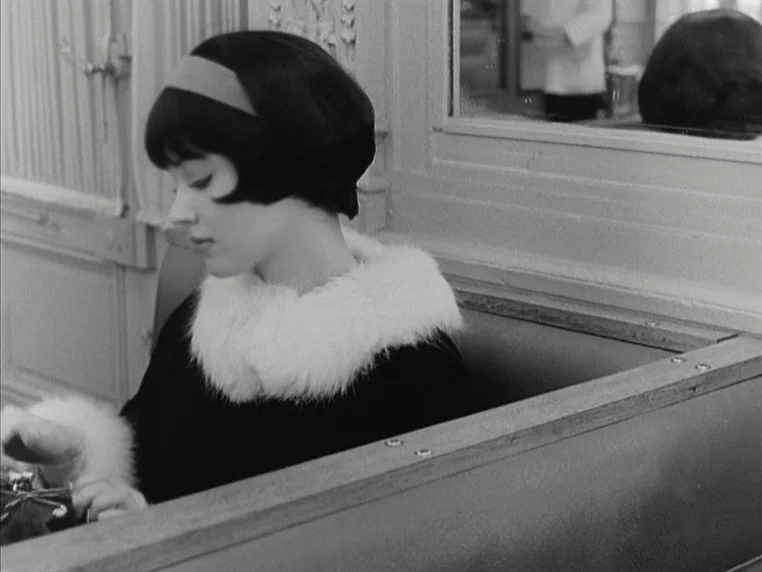 Vivre Sa Vie (1962) movie still: medium — A woman sits inside a vintage train compartment with wood-paneled walls and a mirror. She looks downward…