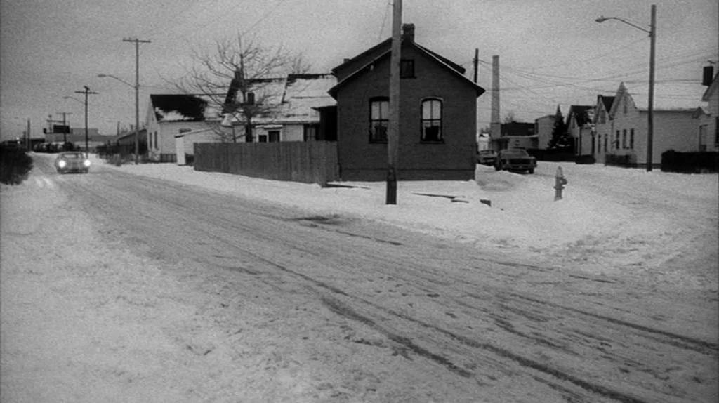 Stranger Than Paradise (1984) movie still: establishing — A snow-covered residential street features rows of houses under an overcast winter sky. A…