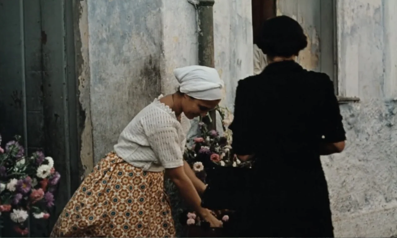 Dona Flor and Her Two Husbands (1976) movie still: medium — A weathered stone building exterior features a woman interacting with a floral display.…