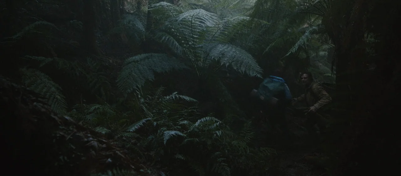 Force of Nature: The Dry 2 (2024) movie still: wide — A dense rainforest environment features lush ferns and towering trees under a thick canopy.…