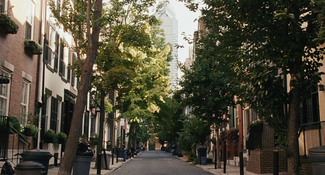 The Happening (2008) movie still: establishing — A narrow city street is lined with historic row houses and mature deciduous trees. Sunlight streams…