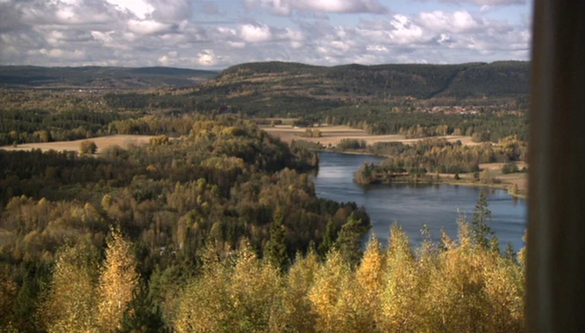 Saraband (2003) movie still: establishing — A panoramic view of a river valley with dense forests and agricultural fields. Clouds hang over the…