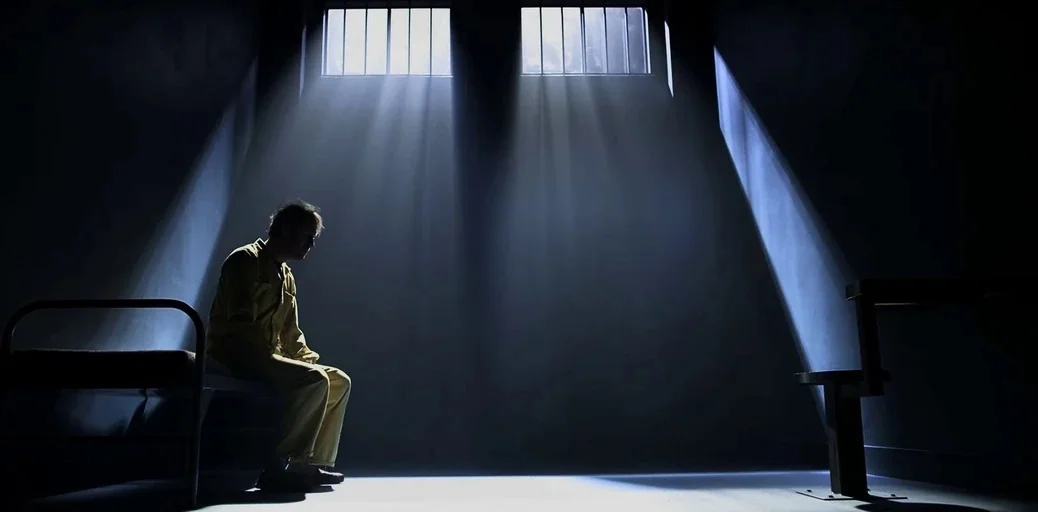 The Amazing Spider-Man (2012) movie still: wide — A dark, spartan prison cell features high-set barred windows and a metal bed frame. A man wearing…