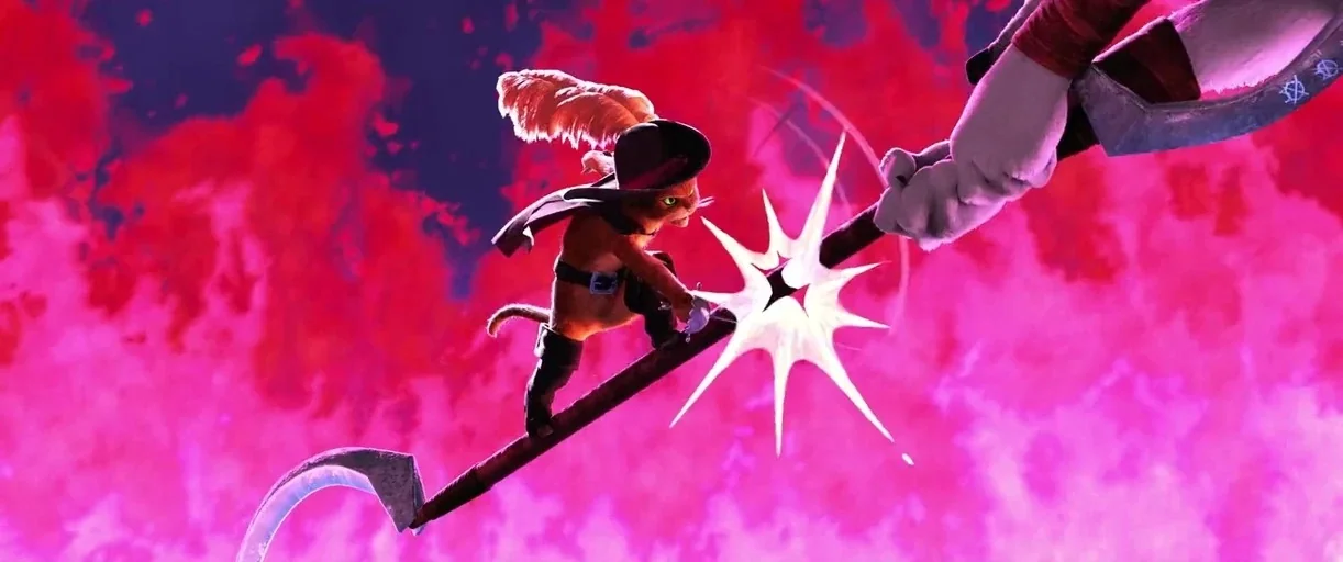 Puss in Boots: The Last Wish (2022) movie still: medium — A vibrant magenta void filled with swirling ethereal fire glows intensely. A small cat…