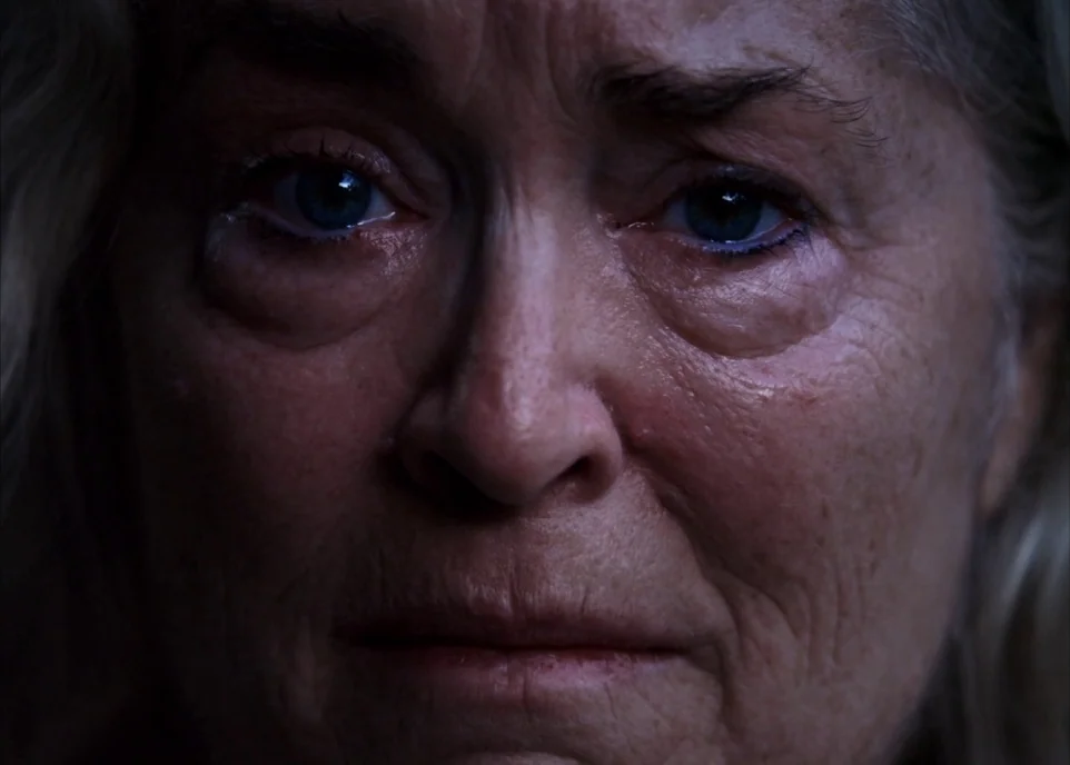 Krisha (2015) movie still: closeup — A close-up of an elderly woman's face against a dark, featureless background. The woman gazes forward with a…