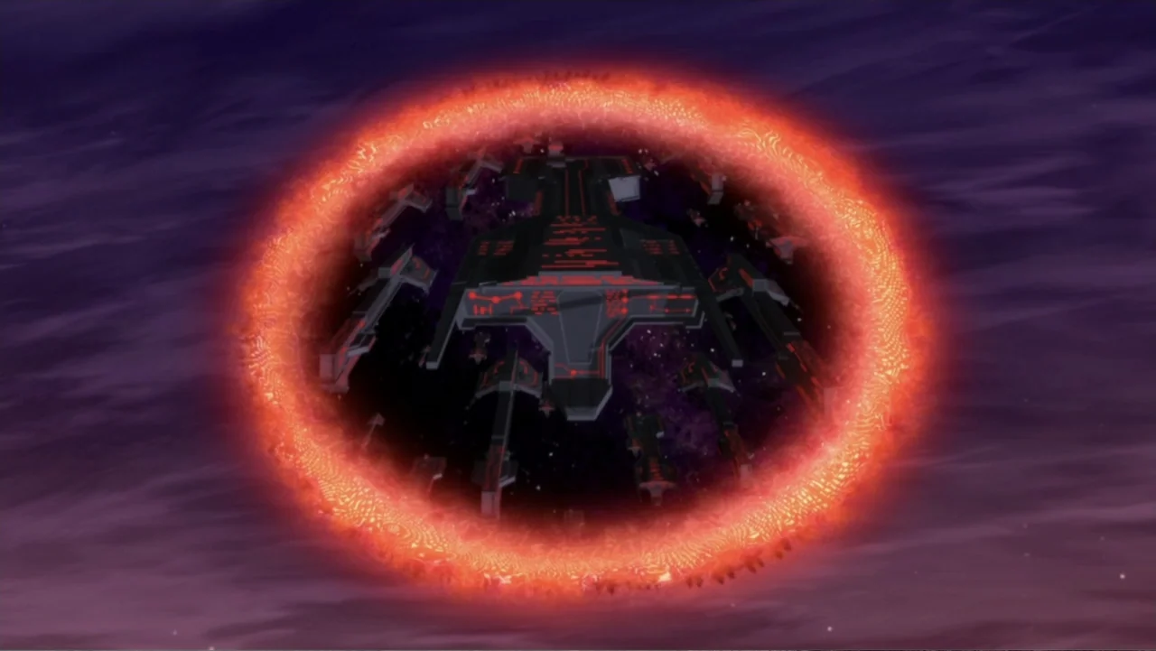 Reign of the Supermen (2019) movie still: wide — A fleet of dark mechanical ships floats inside a vibrant glowing orange energy circle. The backdrop…