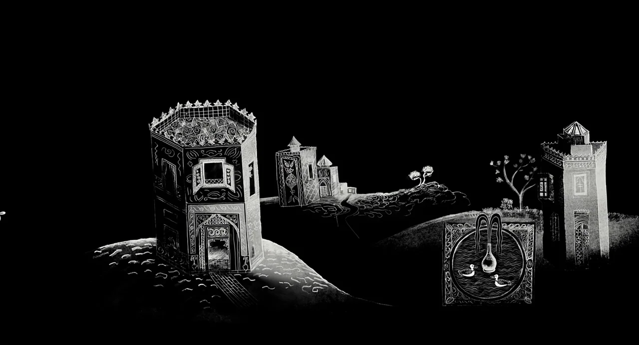 Persepolis (2007) movie still: wide — A stylized black and white landscape features miniature buildings and a small pond. White hand-drawn lines on…