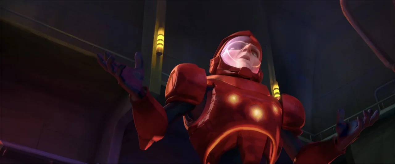 LEGO DC Super Hero Girls: Super-Villain High (2018) movie still: medium — A dark industrial space features illuminated panels and structural columns…