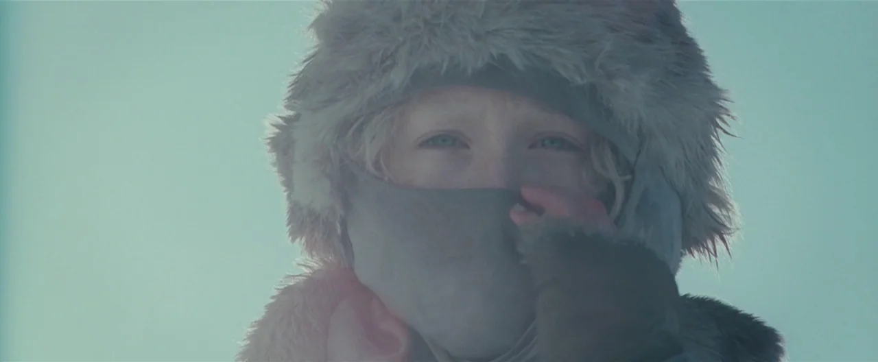 Hanna (2011) movie still: closeup — A person stands in a bright, snow-covered landscape under a pale blue sky. They wear a thick fur hat and a…