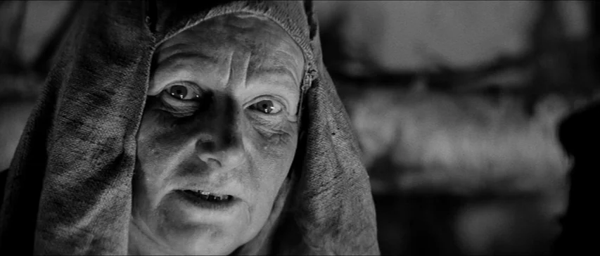 Marketa Lazarová (1967) movie still: closeup — A dimly lit room with textured stone walls in the background. An elderly woman in a dark hood looks…