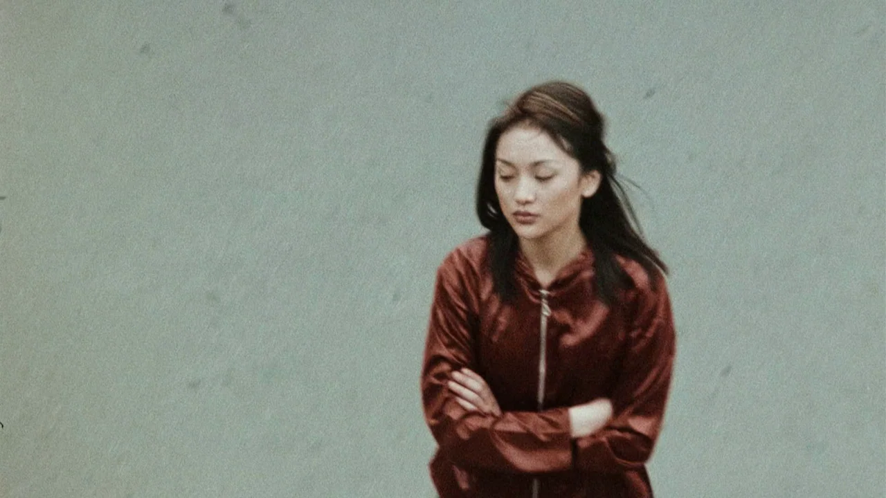 Suzhou River (2000) movie still: medium — A woman stands against a flat, featureless concrete wall in natural, diffuse daylight. She wears a deep…