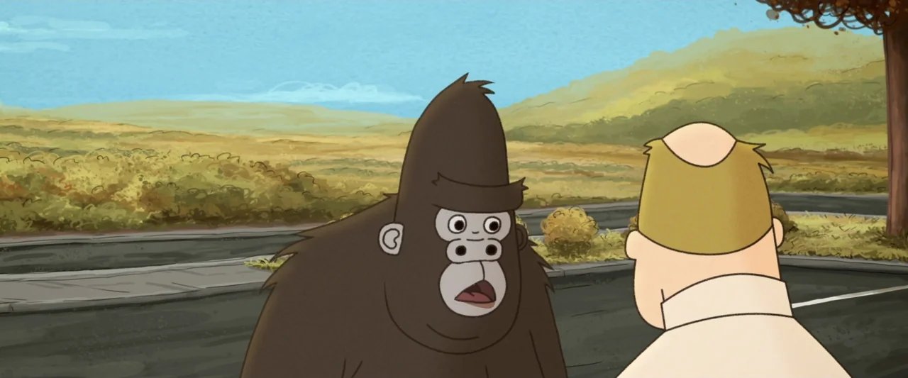 The Ape Star (2021) movie still: medium — An animated roadside with a paved road, sparse greenery, and a blue sky. A gorilla and a man stand near…