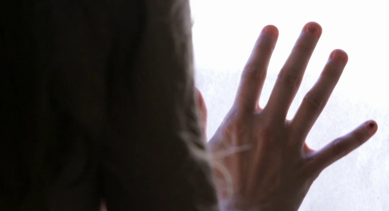Sound Of My Voice (2011) movie still: closeup — A close-up view of a hand pressed against a translucent glass surface. A person with light hair…