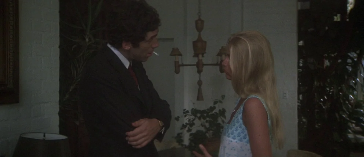 The Long Goodbye (1973) movie still: medium — A light-colored interior features a white painted brick wall and a decorative chandelier. A man in a…