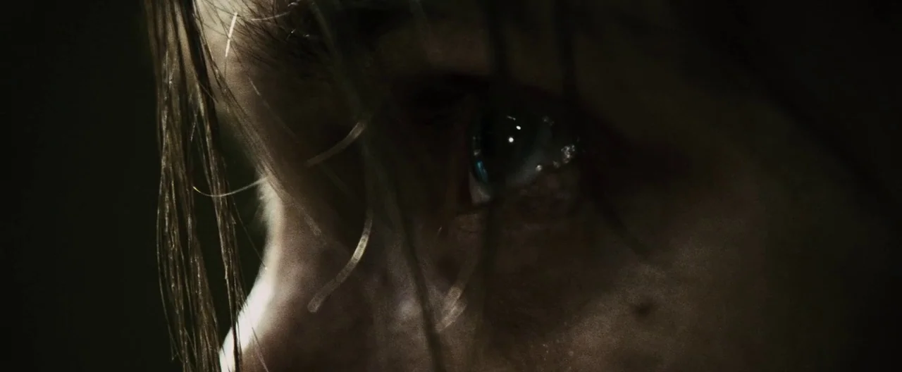 30 Days of Night (2007) movie still: closeup — An extreme close-up shows a single eye in a darkened environment. Fine hairs partially obscure the…
