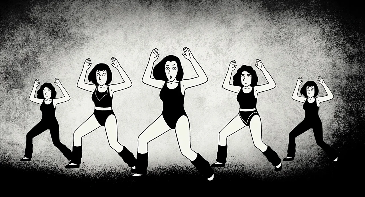 Persepolis (2007) movie still: wide — Five women in leotards perform rhythmic aerobics against a mottled monochromatic backdrop. They maintain a…