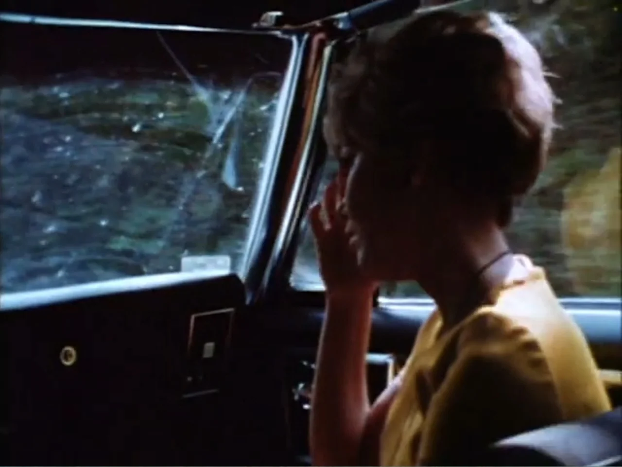 It's Alive (1974) movie still: medium — The interior of a moving 1960s automobile with blurred foliage visible through the window. A woman with…
