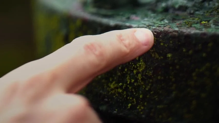 Touchy Feely (2013) movie still: closeup — A close-up view shows a finger touching a dark, weathered stone surface. The stone is covered in patches…