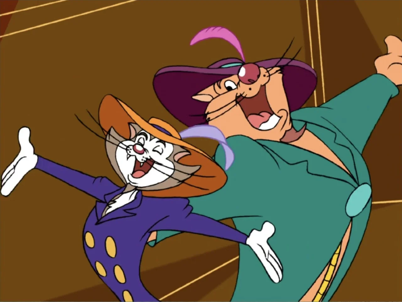 Tweety's High Flying Adventure (2000) movie still: medium — A theatrical interior setting with simple geometric gold lines against a brown…