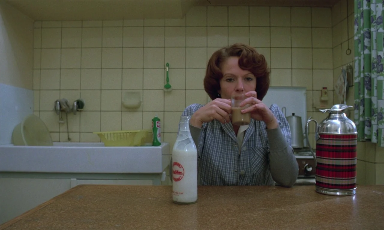Jeanne Dielman, 23, quai du commerce, 1080 Bruxelles (1975) movie still: medium — A 1970s kitchen interior with beige tiled walls and a laminate…