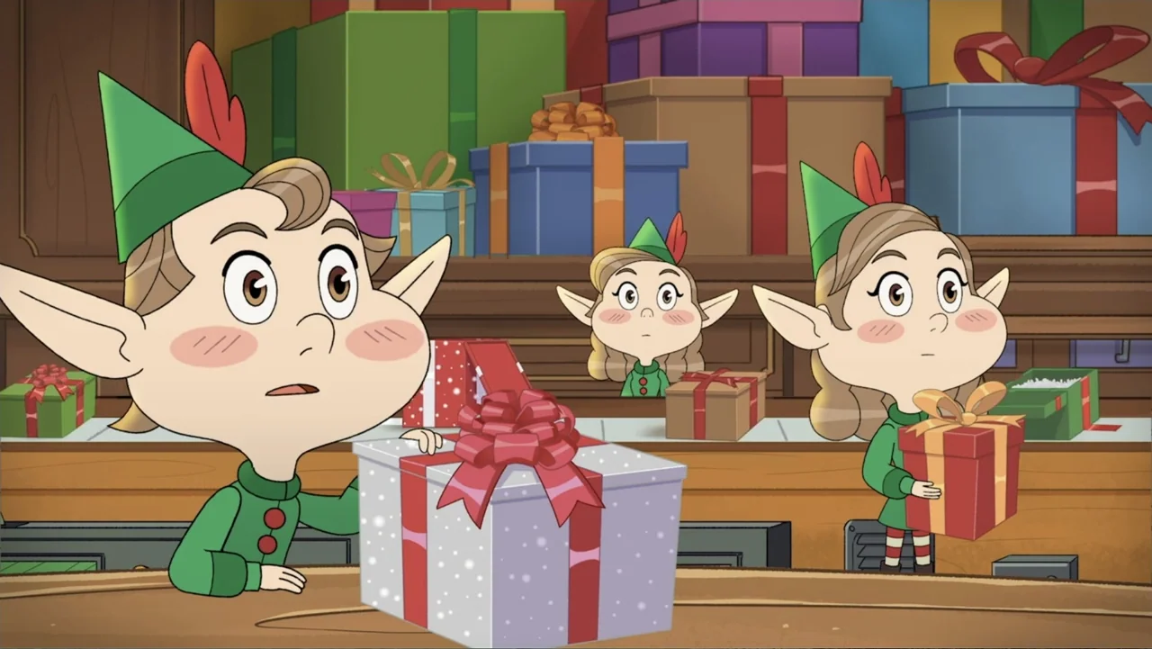 A Chuck E. Cheese Christmas (2025) movie still: medium — Three cartoon elves stand behind a wooden counter filled with colorful gift boxes. The…