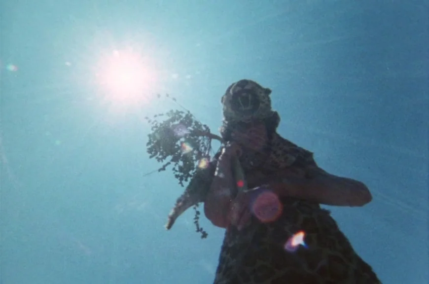 Sebastiane (1976) movie still: medium — A person stands against a bright, clear blue sky under intense sunlight. The subject holds a small branch…