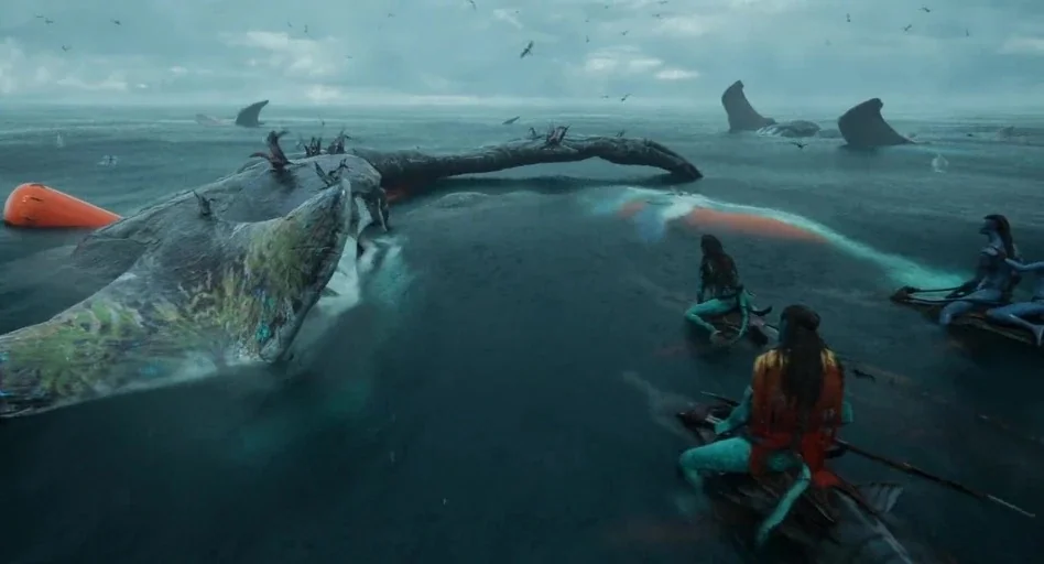 Avatar: The Way of Water (2022) movie still: wide — A vast ocean under a grey overcast sky features several large alien marine creatures.…