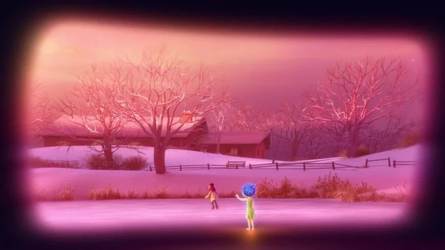 Inside Out (2015) movie still: wide — A snowy winter landscape surrounds a frozen pond with a red house in distance. Two small figures stand on the…