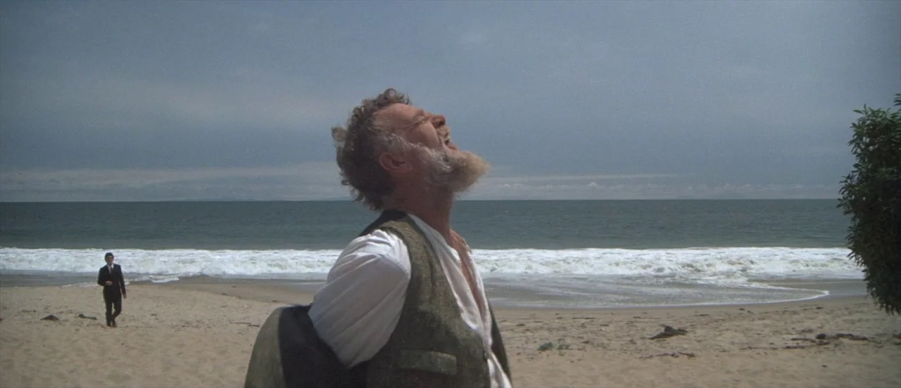 The Long Goodbye (1973) movie still: medium — A sandy coastline borders a churning ocean under a cloudy, overcast grey sky. A bearded man in a vest…