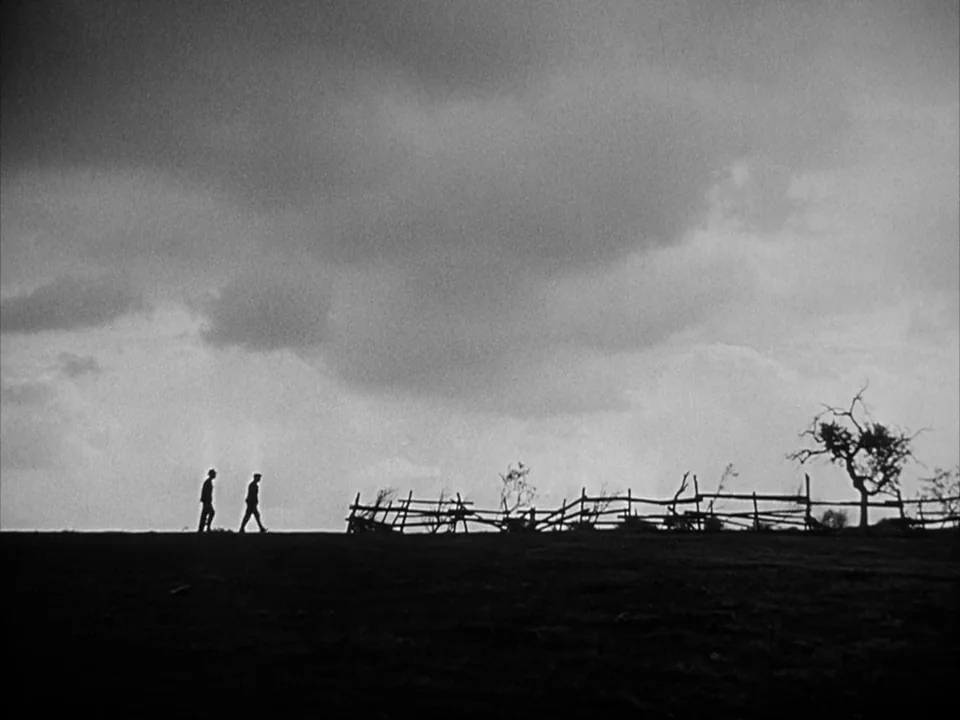 The Grapes of Wrath (1940) movie still: wide — An open field under a vast overcast sky with a rustic wooden fence nearby. Two men walk across the…