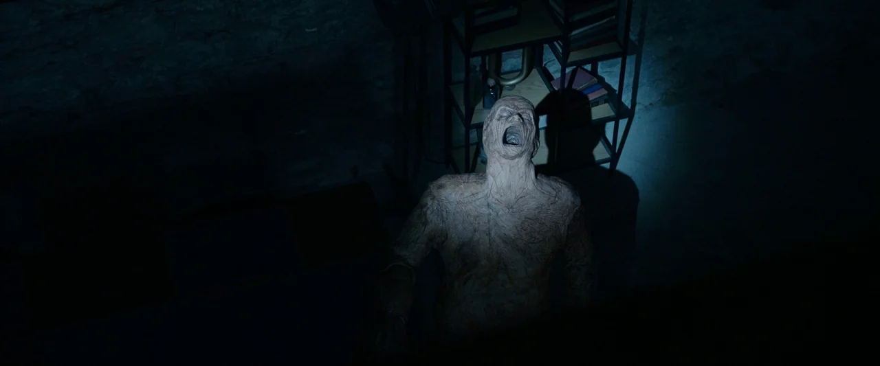Oddity (2024) movie still: medium — A dark subterranean space with rough stone walls and a metal shelving unit behind. A hairless, textured humanoid…