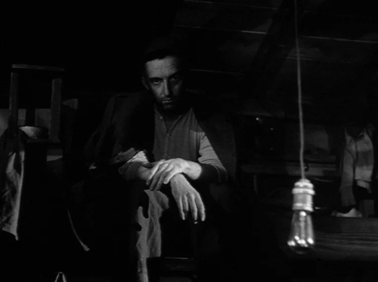 Stalag 17 (1953) movie still: medium — A dark, cluttered attic space features heavy shadows and wooden rafters overhead. A man sits alone, partially…