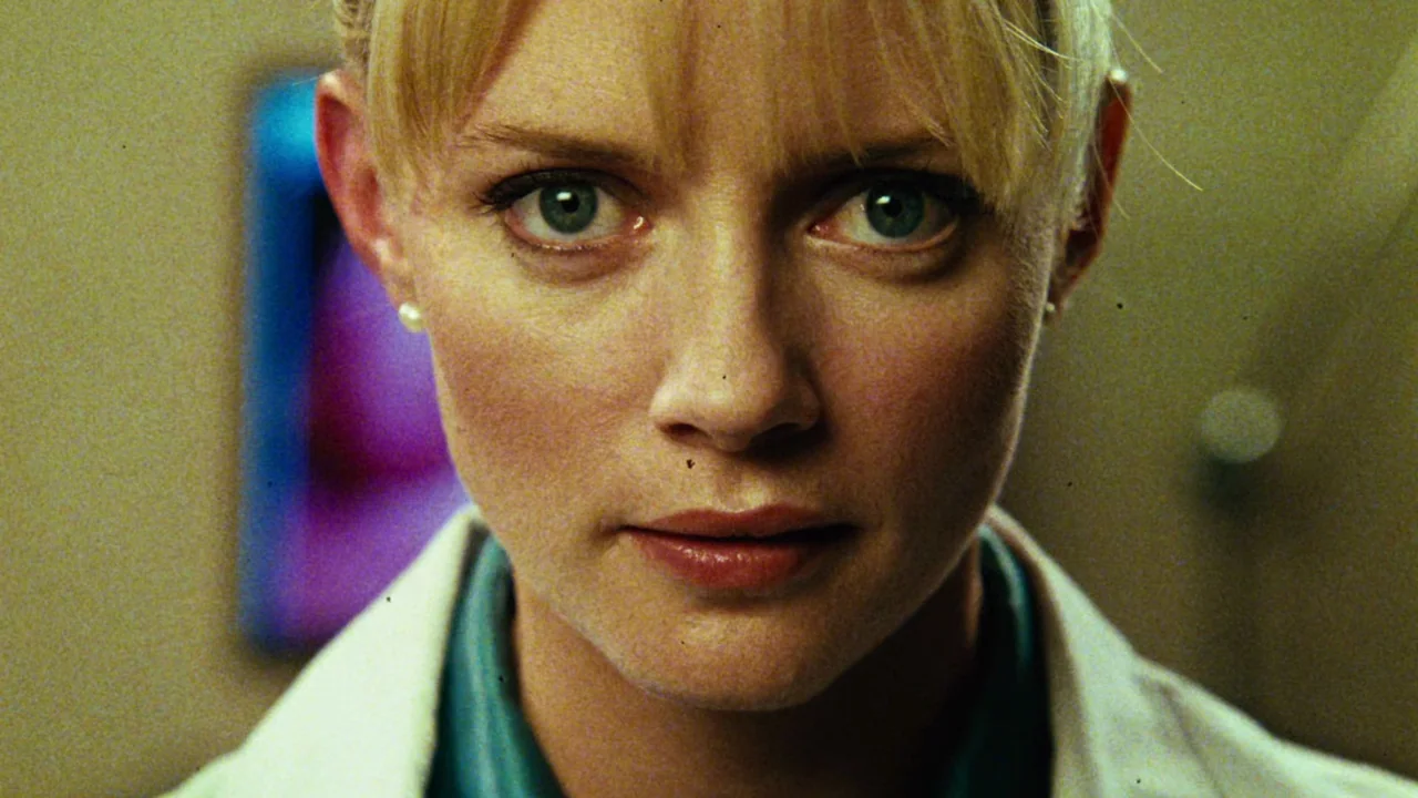Planet Terror (2007) movie still: closeup — A close-up shot showing a woman wearing a professional medical coat inside a room. She holds a steady…