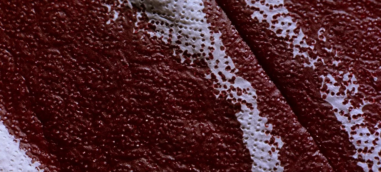 Volver (2006) movie still: closeup — Macro view of dark red, textured material with white perforated edges. The surface is uneven and granular with…
