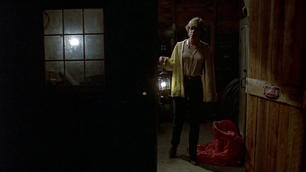 Friday the 13th (1980) movie still: fullbody — A dark wooden structure features a window and a door with a warning sign. A young woman enters the…