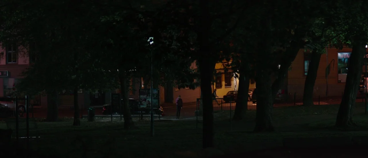 Thelma (2017) movie still: wide — A dark city park at night features dense trees and a distant lit path. A lone individual stands in the distance on…