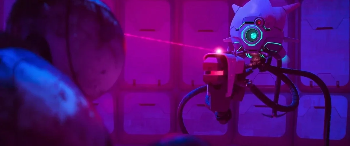 The Wild Robot (2024) movie still: medium — A dark space interior with repeating rectangular wall panels backlit by neon purple light. A mechanical…