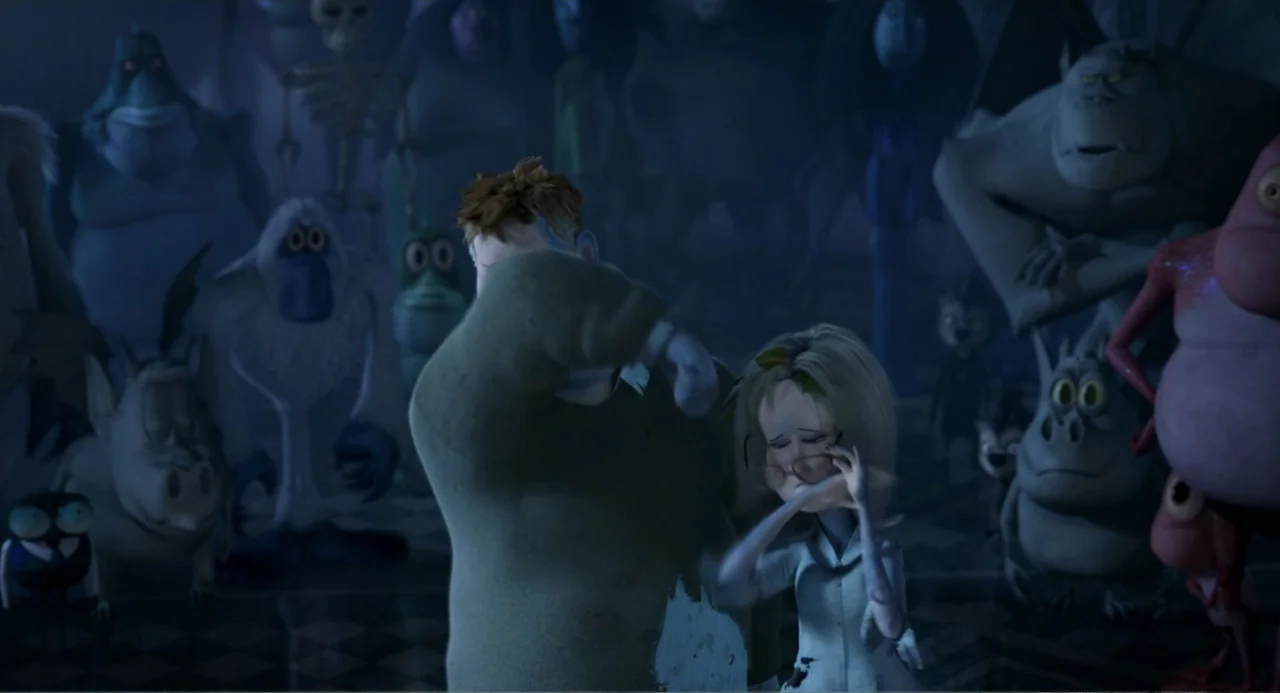 Hotel Transylvania 2 (2015) movie still: medium — A dimly lit indoor space is packed with various stylized monster characters in the background. A…