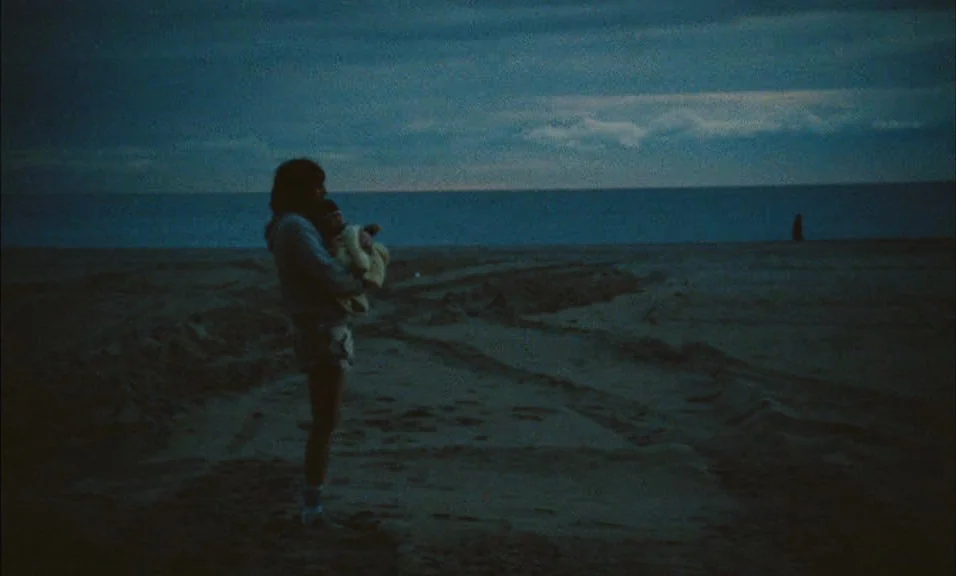 Documenteur (1981) movie still: wide — A dark sandy beach at twilight meets a calm ocean under a clouded sky. A woman stands in profile while…