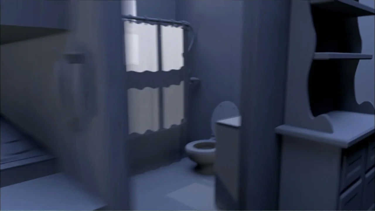 Aliens Inside Us (2013) movie still: wide — A 3D modeled interior space resembles a simplified bathroom setting with flat surfaces. The room remains…