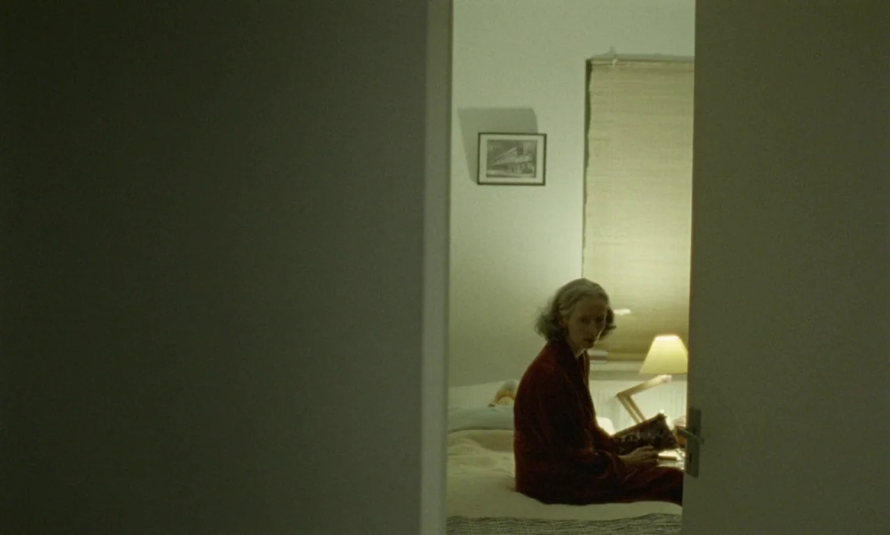 The Souvenir (2019) movie still: medium — A dimly lit room viewed from a doorway shows a woman sitting on a bed. She sits on the edge of the…