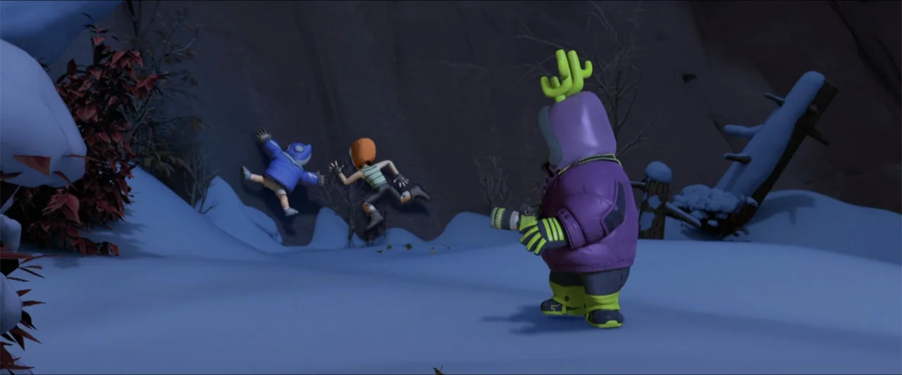 Boonie Bears: A Mystical Winter (2015) movie still: wide — A snowy mountain landscape at night features a dark rocky cliff side. One character in a…